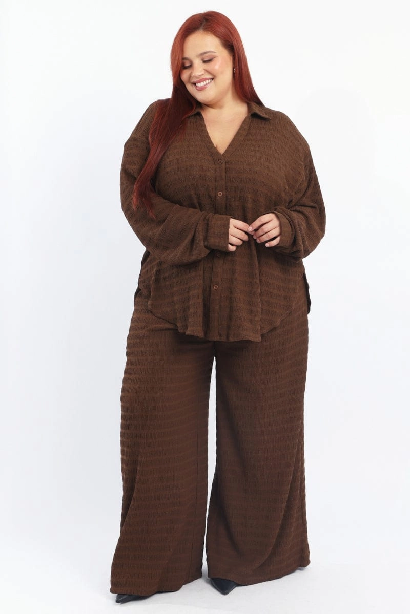 Reinforced Seams Stretch Material Brown Relaxed Shirt Long Sleeve Textured