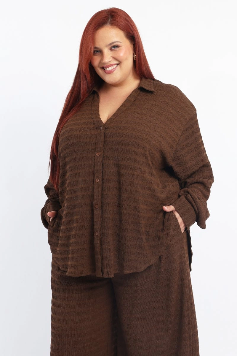 Sophisticated Elegance Creative Professional Brown Relaxed Shirt Long Sleeve Textured