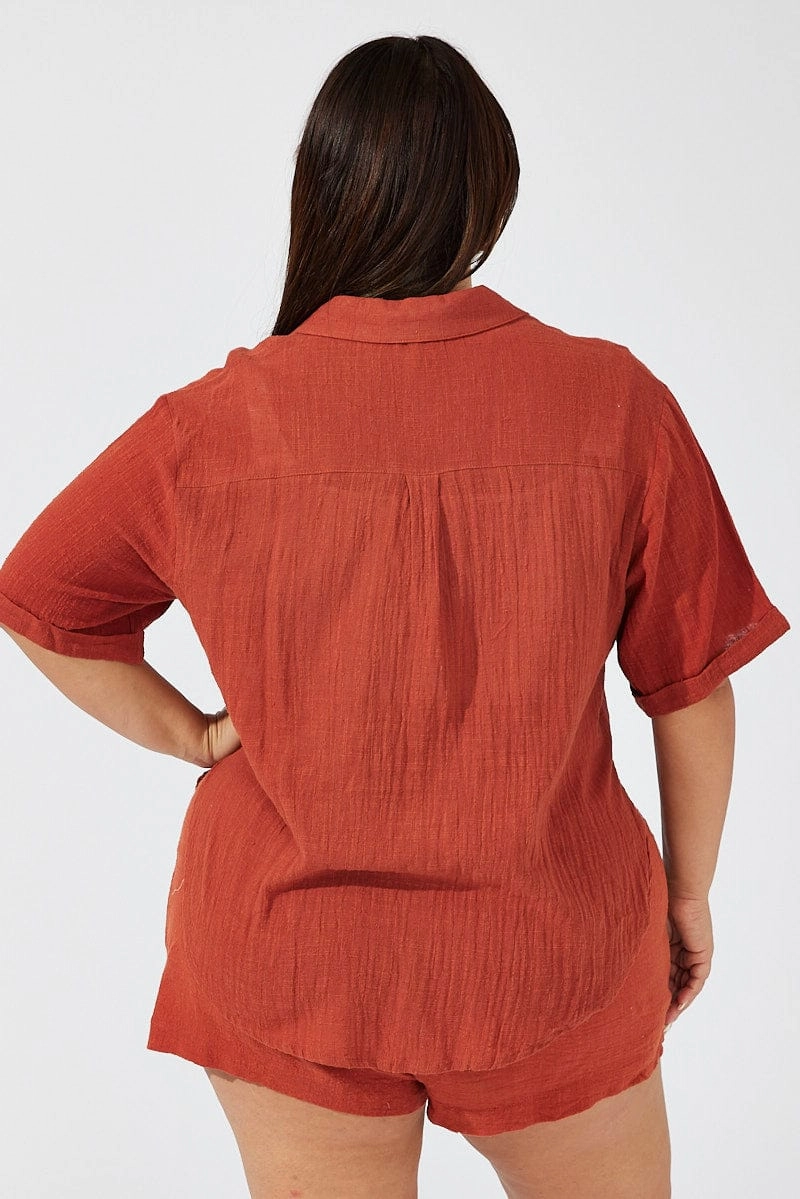 Brown Relaxed Shirt Short Sleeve Twill Weave Everyday Essential