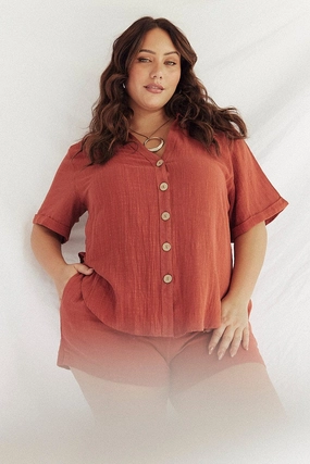 Smooth Texture Brown Relaxed Shirt Short Sleeve