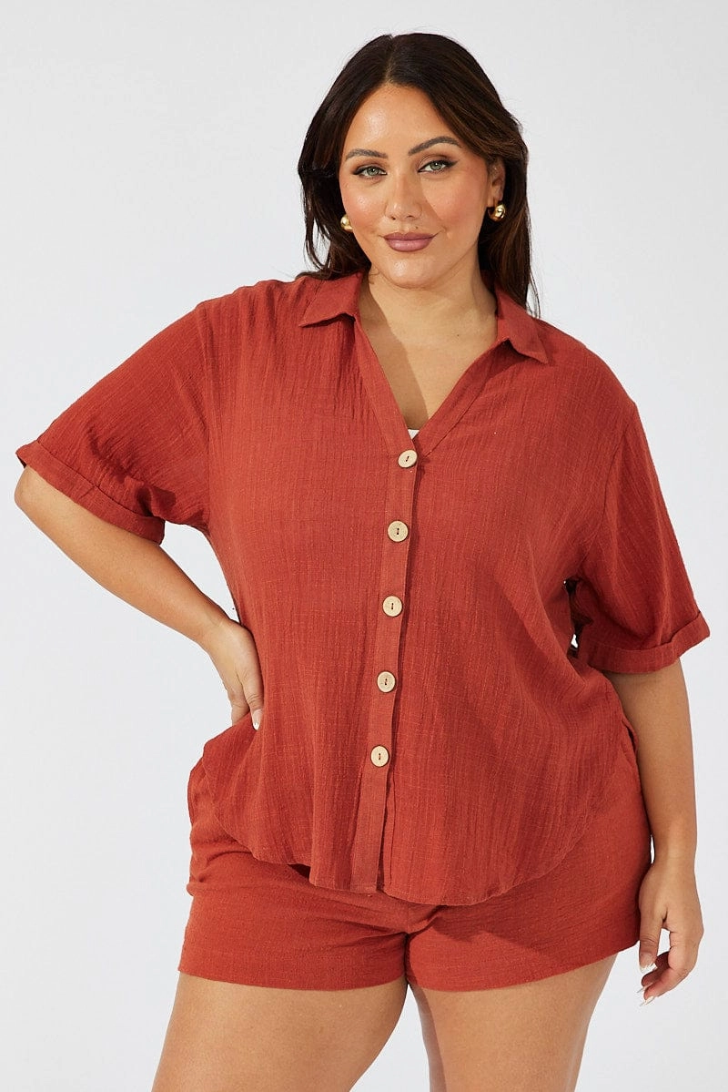 Sleek Fit Relaxed Look Brown Relaxed Shirt Short Sleeve