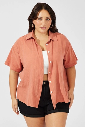Mesh Insert Brown Relaxed Shirt Short Sleeve Textured
