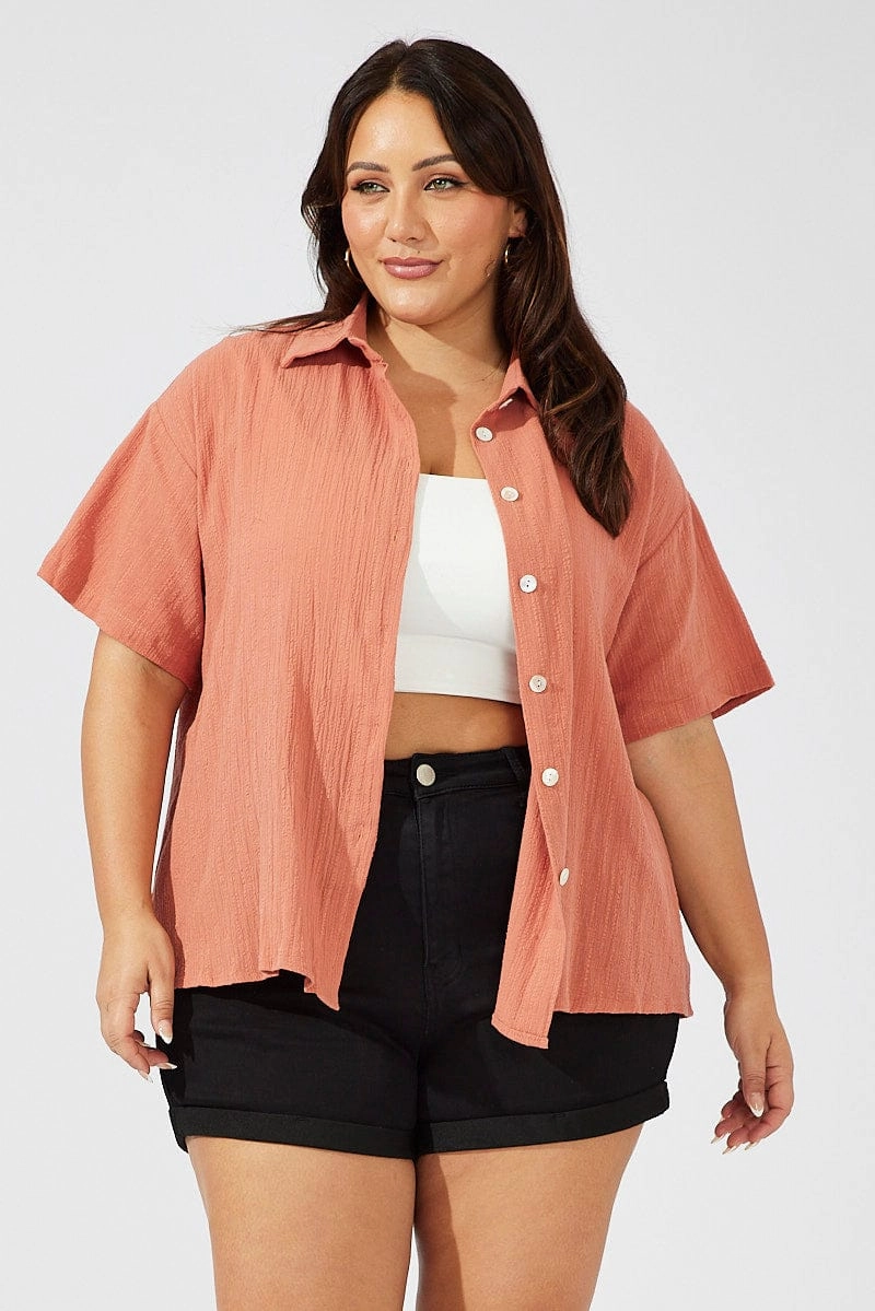 Laser Cut Edge Detail Warm Weather Wear Brown Relaxed Shirt Short Sleeve Textured