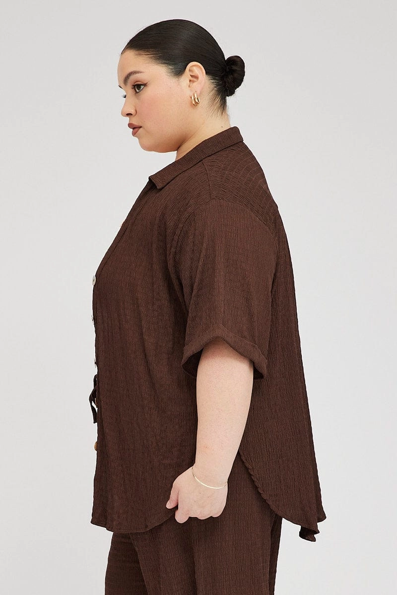 Brown Relaxed Shirt Short Sleeve Textured Dressy look Premium Fabric
