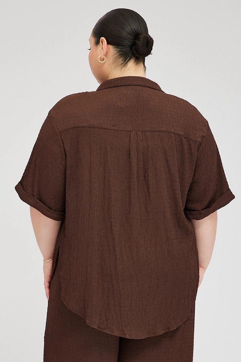 Anniversary Celebration Brown Relaxed Shirt Short Sleeve Textured