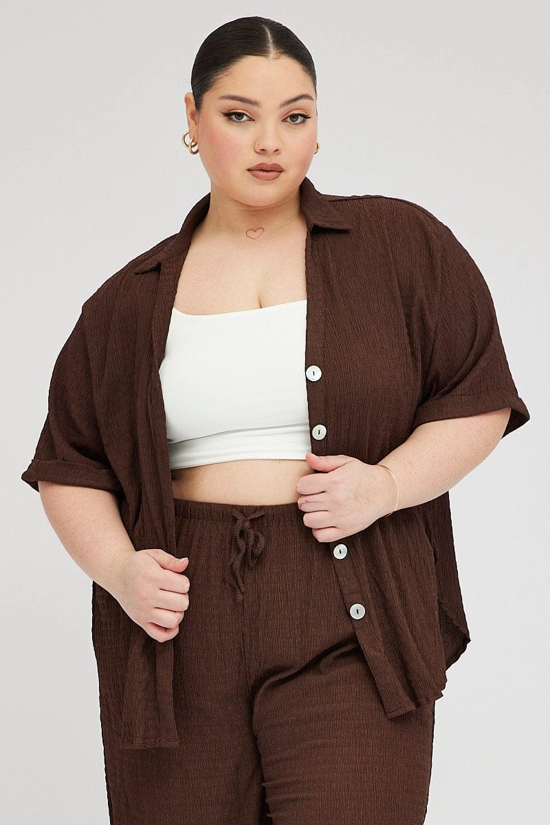 Brown Relaxed Shirt Short Sleeve Textured Neutral Shade