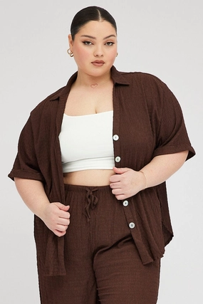 Brown Relaxed Shirt Short Sleeve Textured Neutral Shade