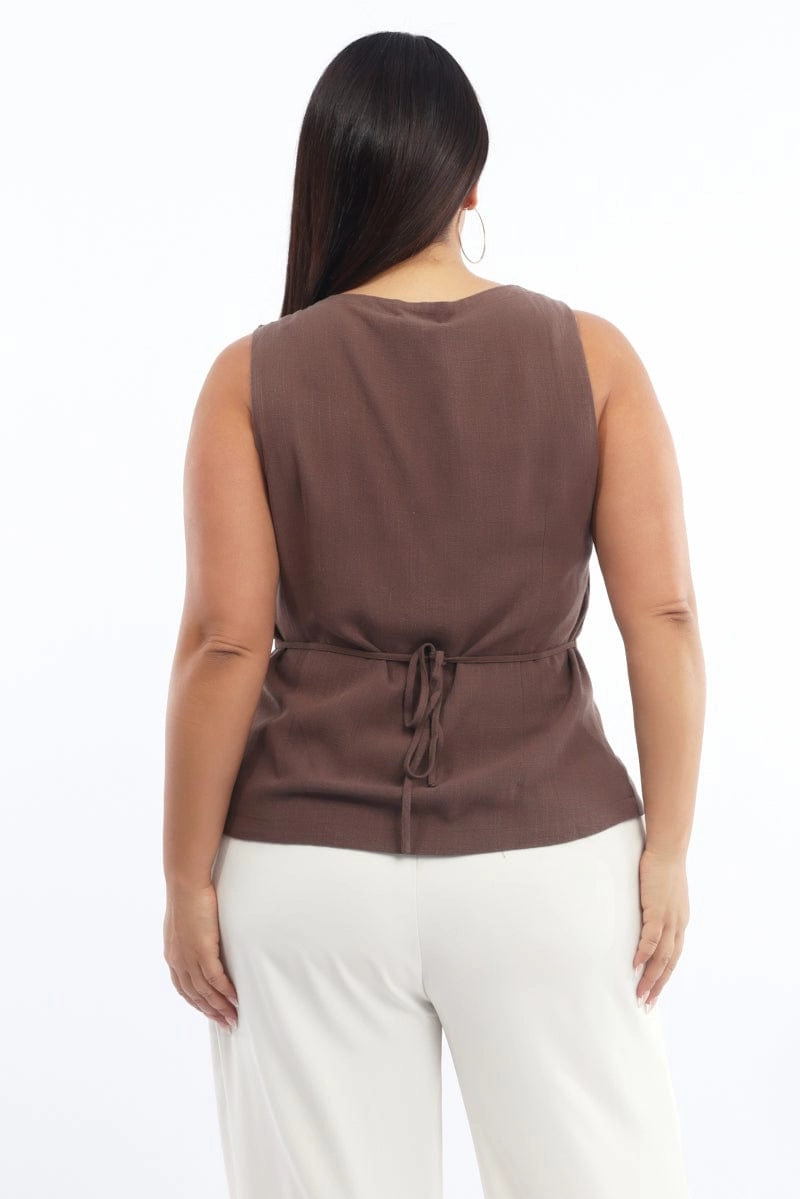 Brown Scoop Neck Linen Blend Tie Back Vest Non Bulky Insulation Tech water proof