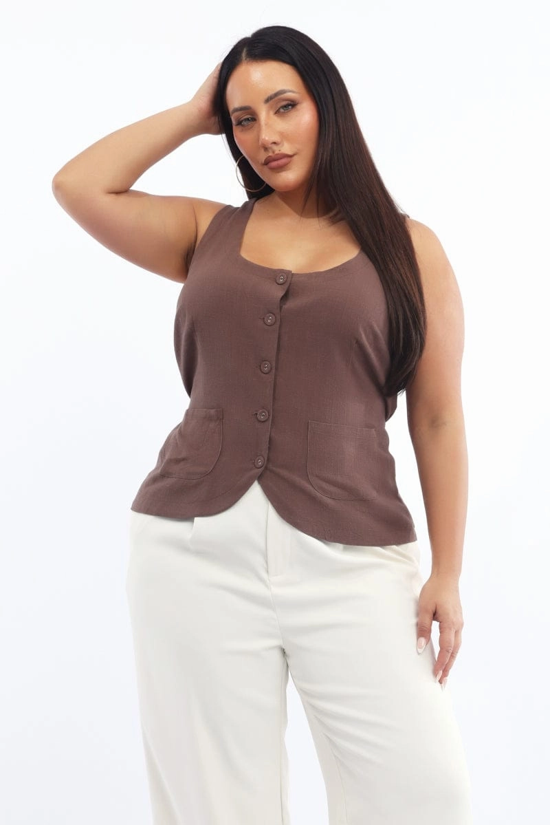 Cold Climate Everyday Layer Style Brown Scoop Neck Linen Blend Tie Back Vest