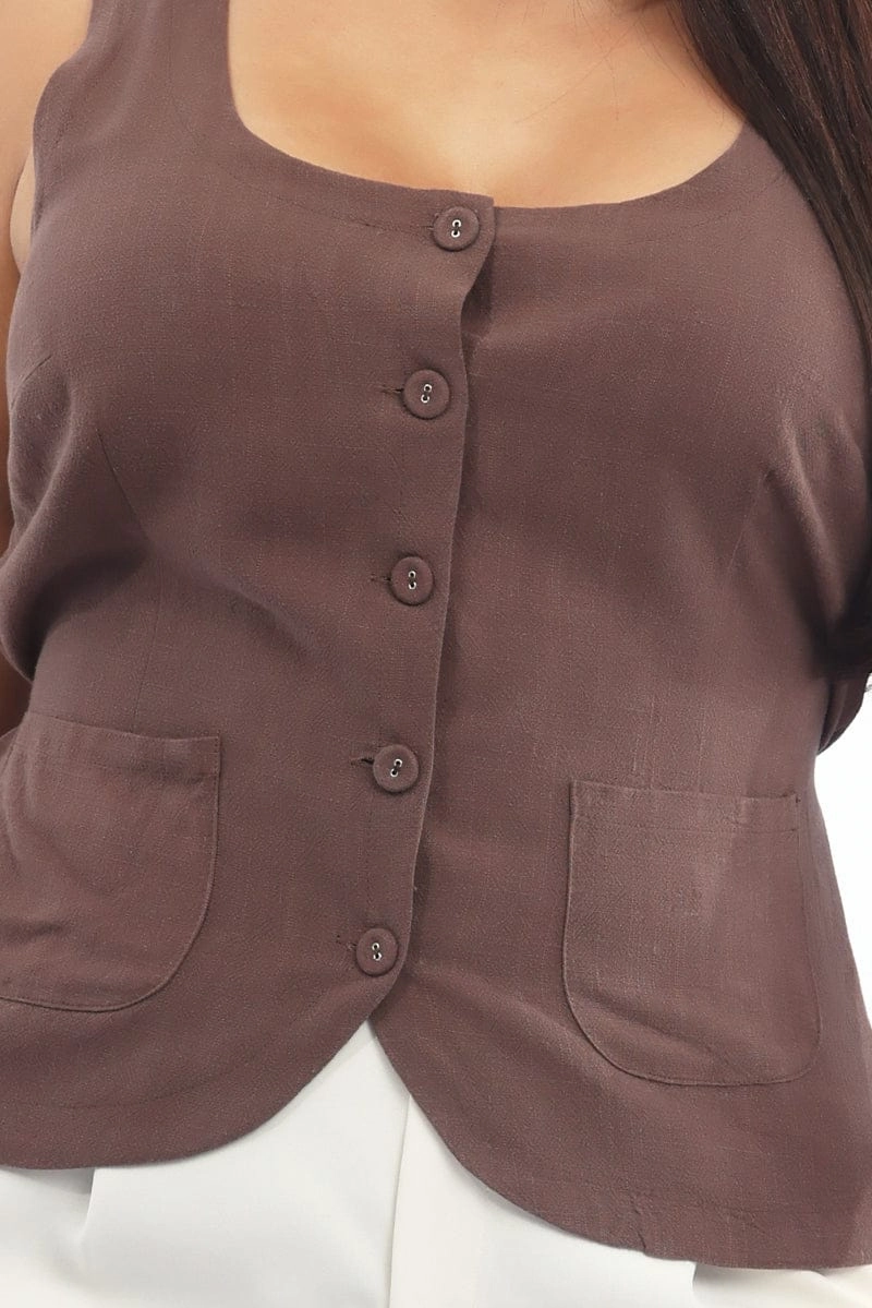 Brown Scoop Neck Linen Blend Tie Back Vest Taped Seam Technology