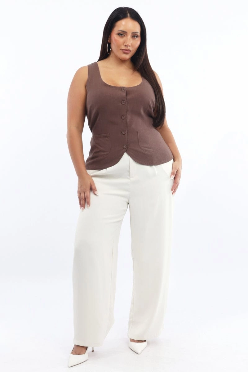 Brown Scoop Neck Linen Blend Tie Back Vest Hypoallergenic fabric