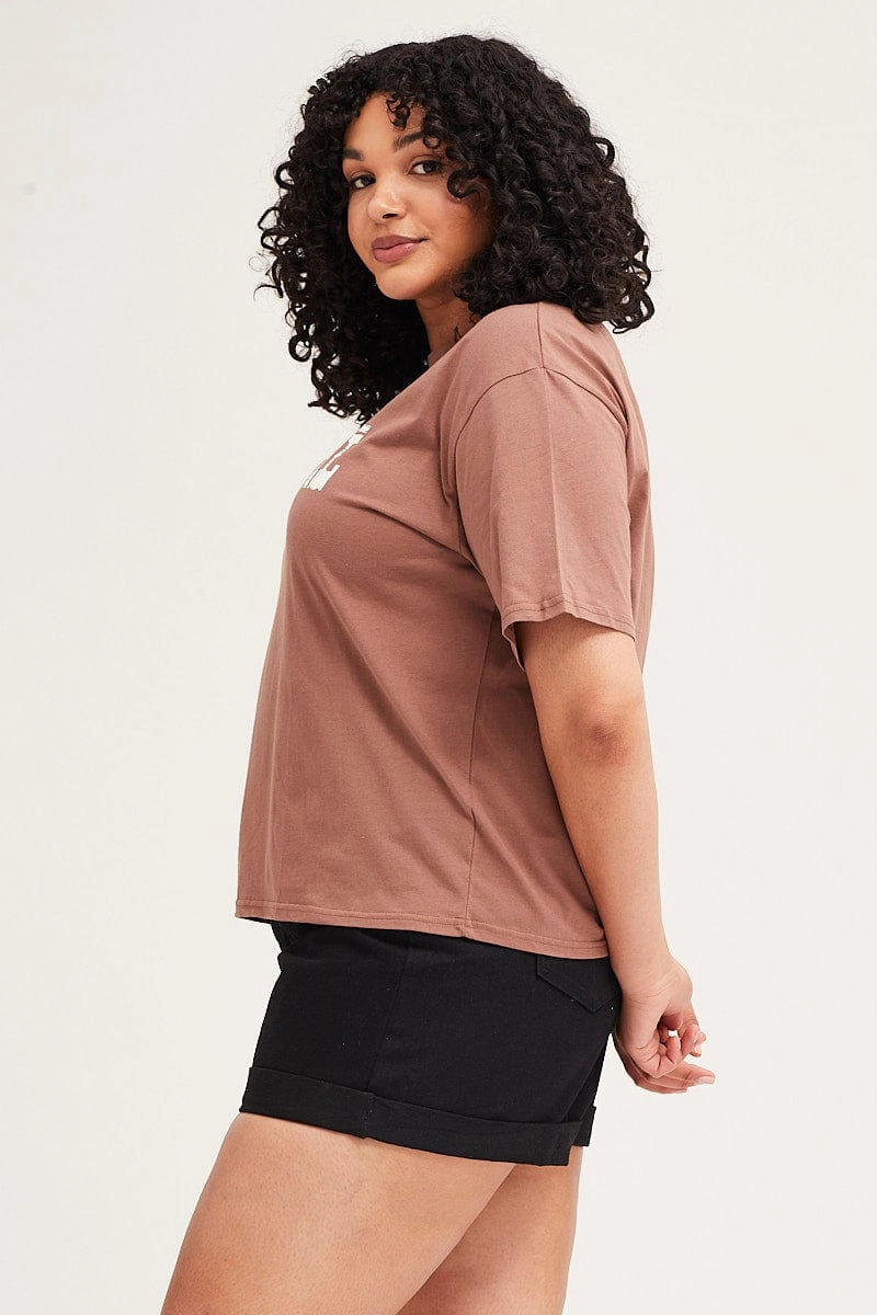 Brown Short Sleeve Crop Graphic T-shirt Simple Layer