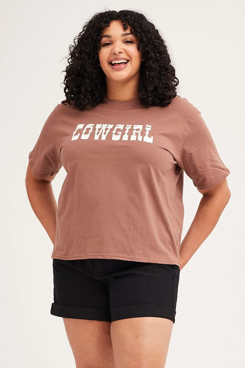 Brown Short Sleeve Crop Graphic T-shirt Urban Smart Durable Collar Construction