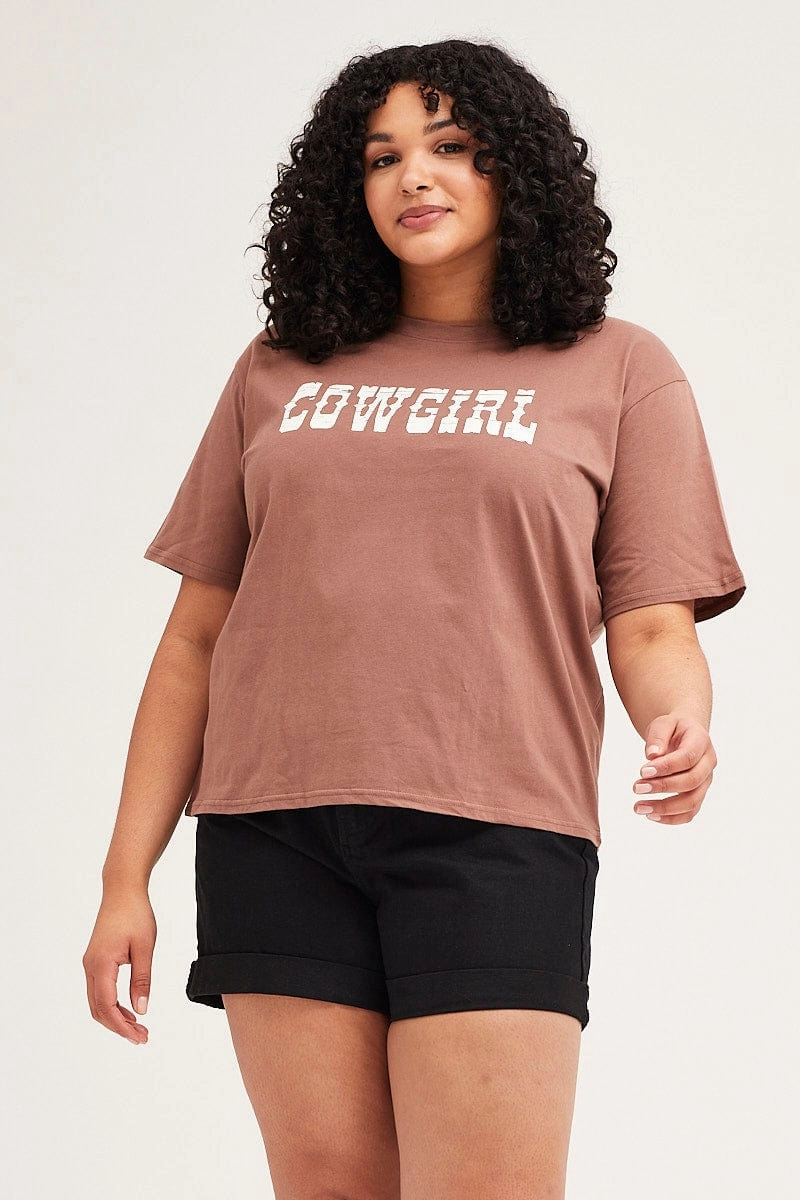 Brown Short Sleeve Crop Graphic T-shirt Casual All-Day Casual Style