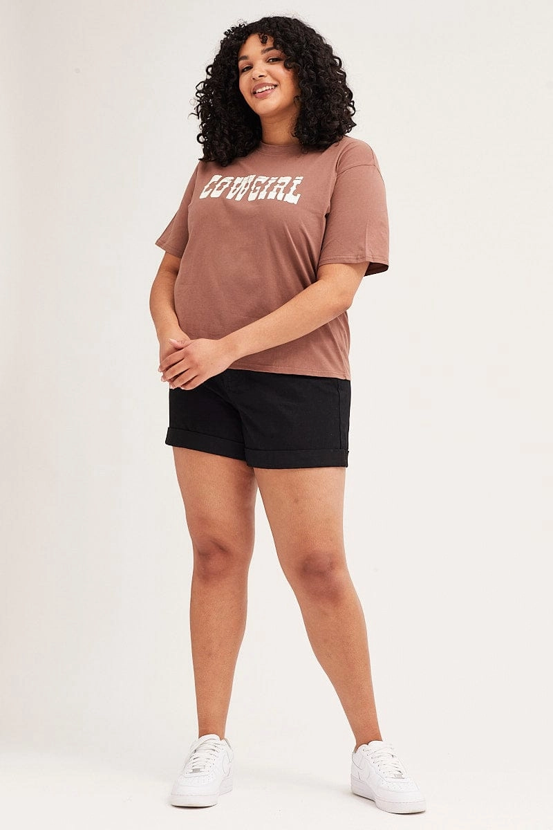 Cozy Comfort Look Brown Short Sleeve Crop Graphic T-shirt