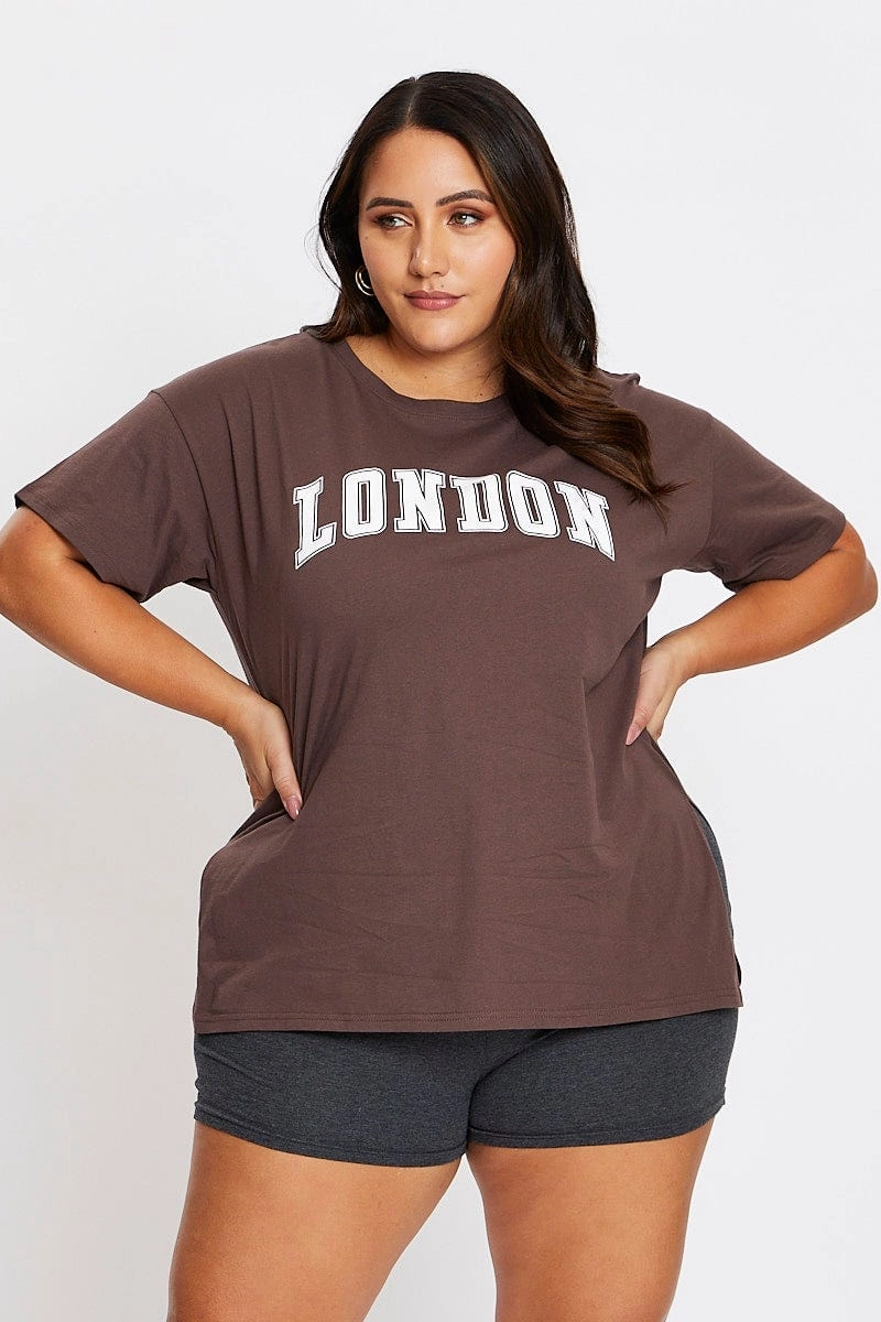 Outdoor Light Relaxed Waistband Brown Short Sleeve London Side Split T-shirt