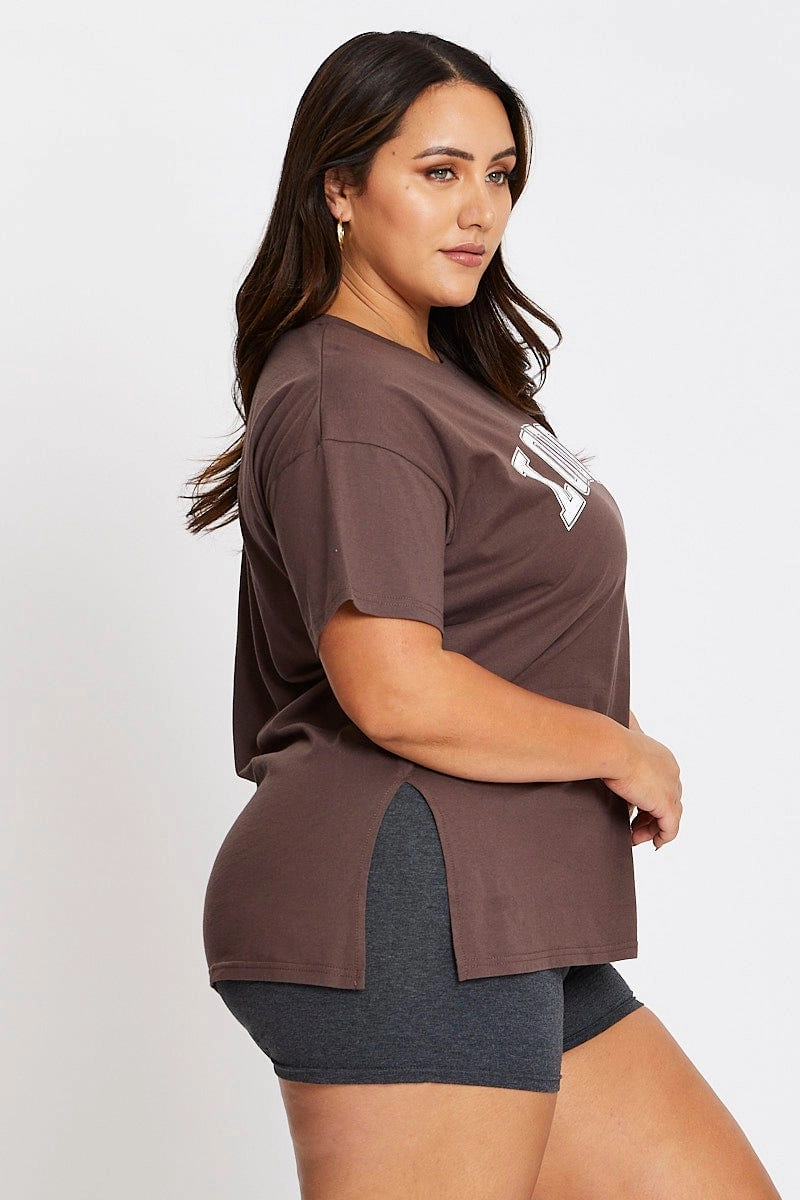 Daily Casual Timeless Style Brown Short Sleeve London Side Split T-shirt