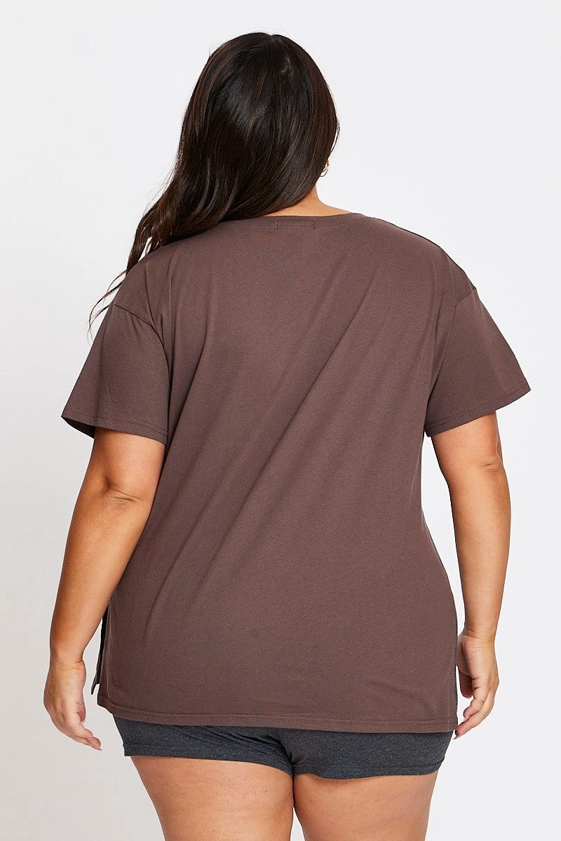 Brown Short Sleeve London Side Split T-shirt Travel Essential