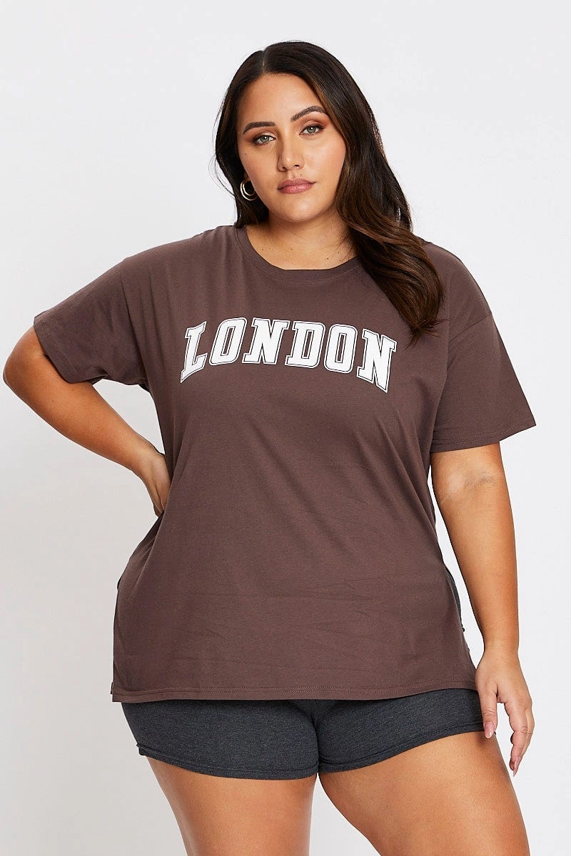 Brown Short Sleeve London Side Split T-shirt Regular Fit