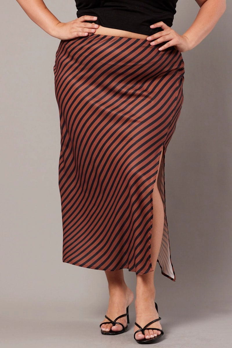Brown Stripe Stripe Split Midi Skirt Outfit Vibes