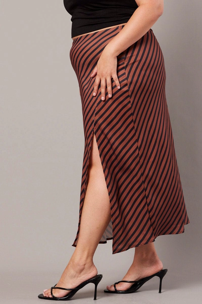 Machine wash safe Brown Stripe Stripe Split Midi Skirt
