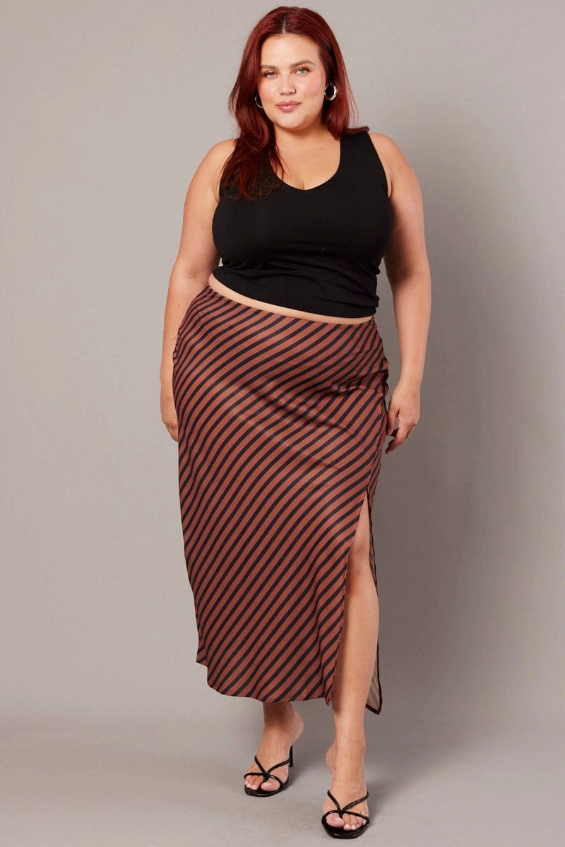 Subtle Shimmer Brown Stripe Stripe Split Midi Skirt
