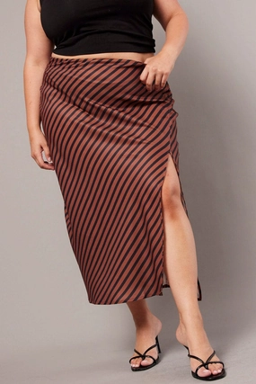 Brown Stripe Stripe Split Midi Skirt Athleisure Inspired