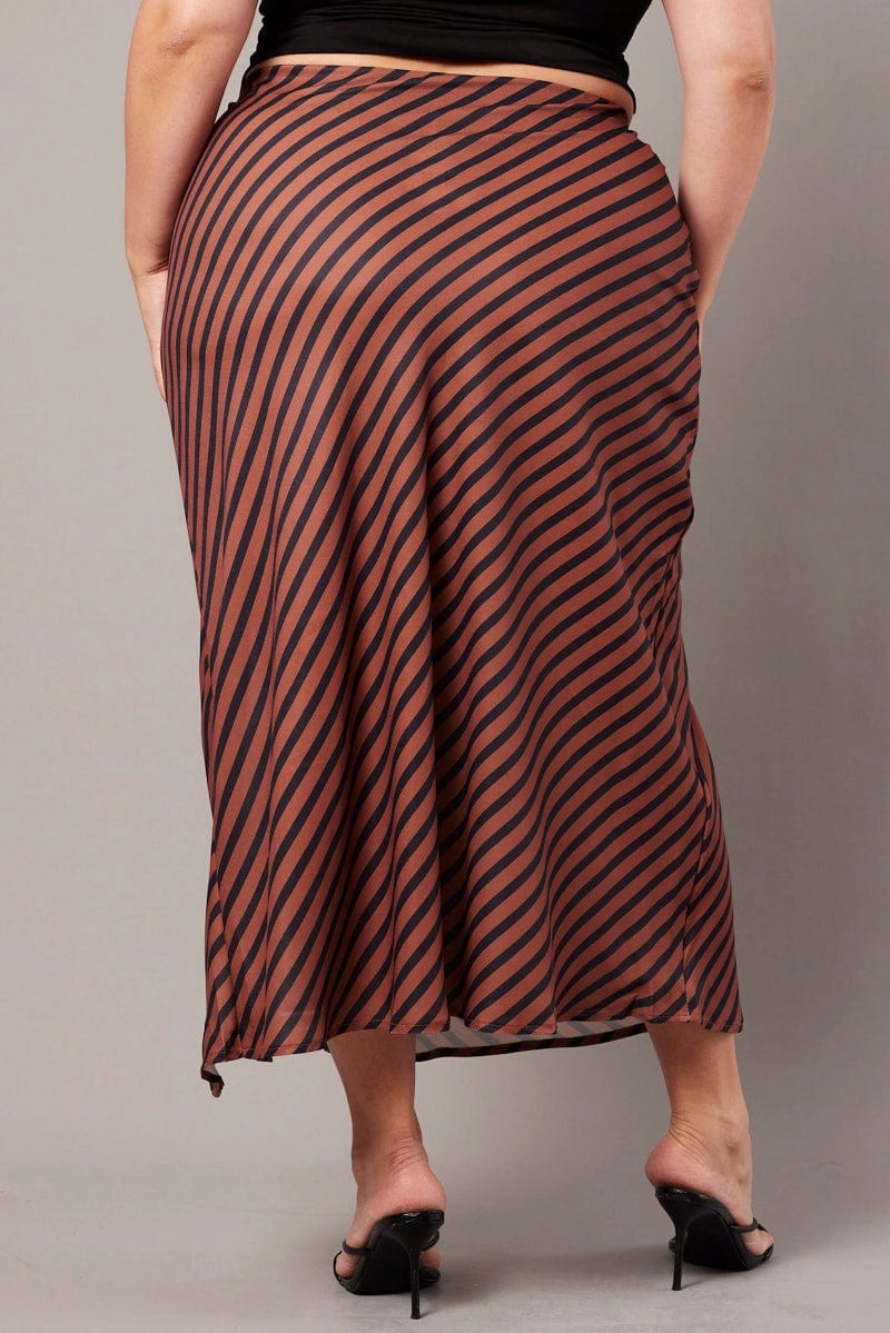 Slip Resistant Waist Brown Stripe Stripe Split Midi Skirt