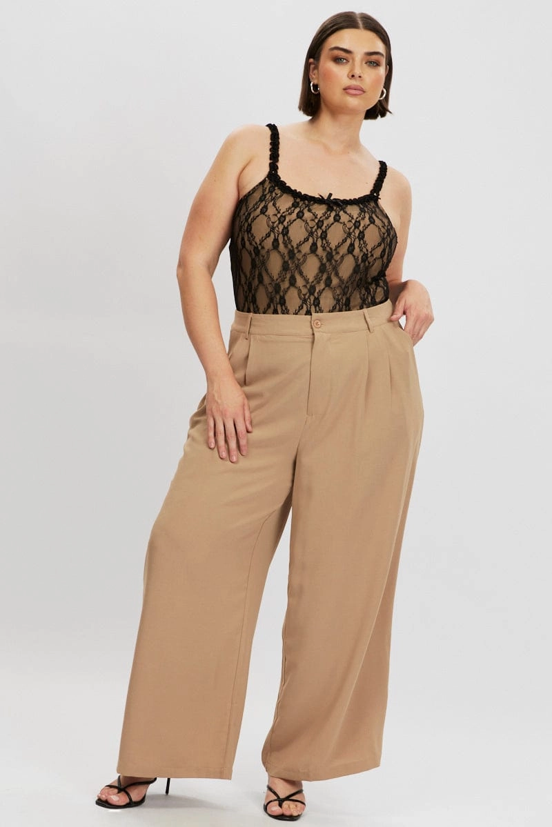 Brown Tailored Wide Leg Pants High Durability Stitching Quick Fit Design