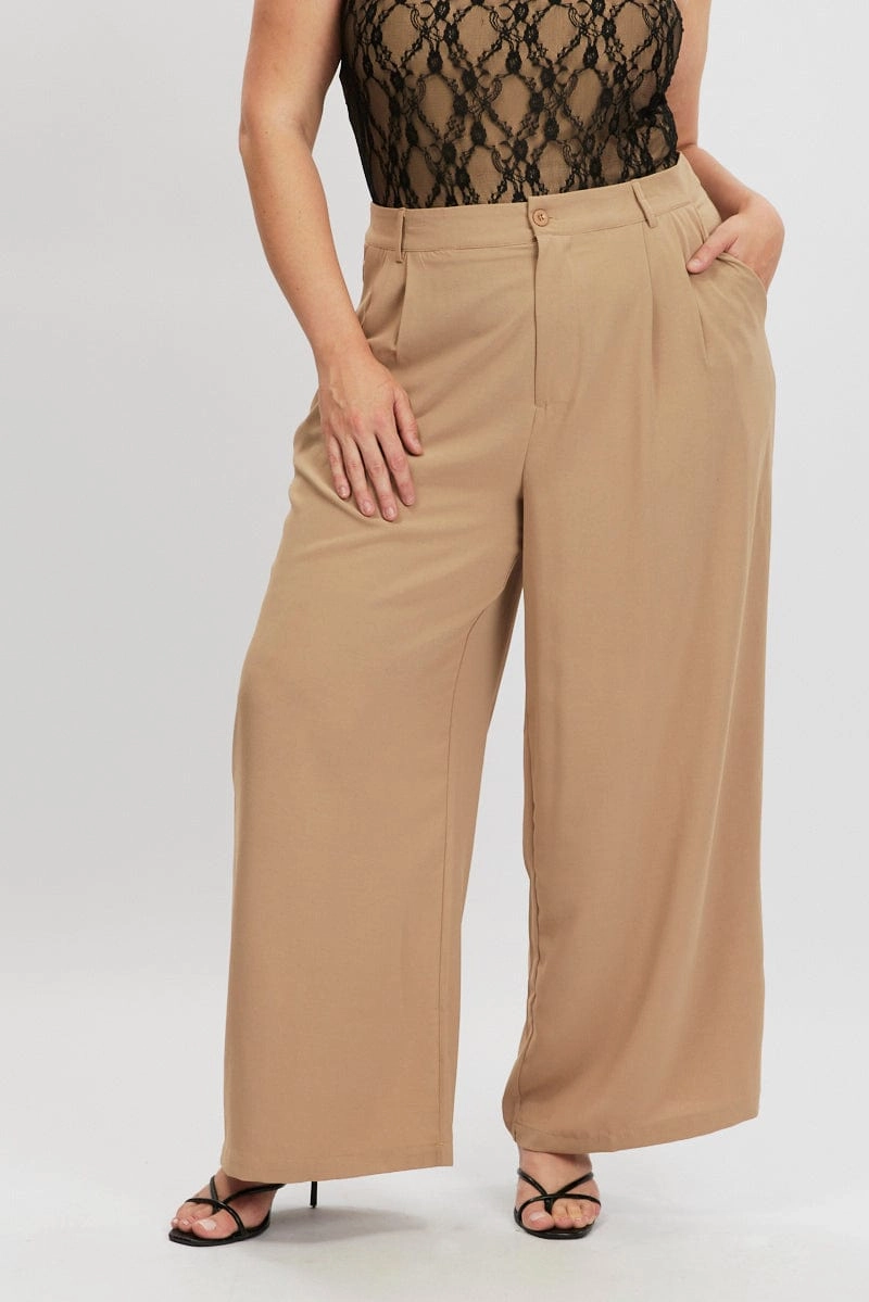 Premium Stretch Brown Tailored Wide Leg Pants