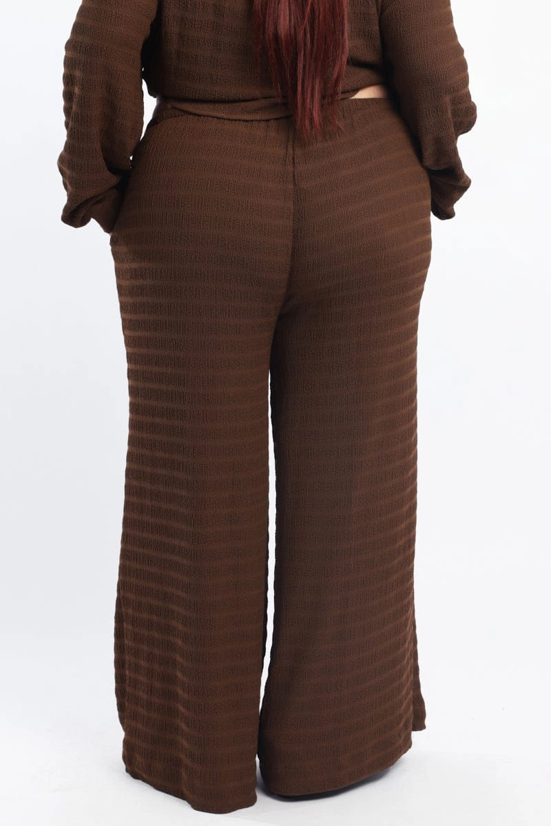 Brown Textured Drawstring Waist Wide Leg Pants Quick drying material