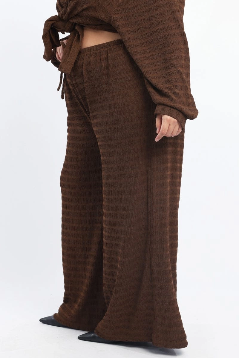 Brown Textured Drawstring Waist Wide Leg Pants Rubberized grip