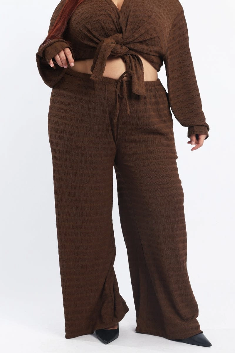 Lightweight Design Brown Textured Drawstring Waist Wide Leg Pants