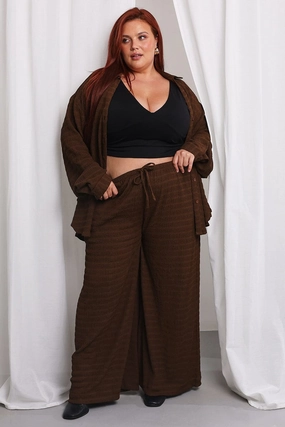Decorative stitching Tailored Fit Brown Textured Drawstring Waist Wide Leg Pants