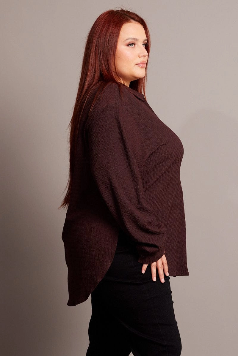 Classy Detail Brown Textured Shirt Long Sleeve V-neck