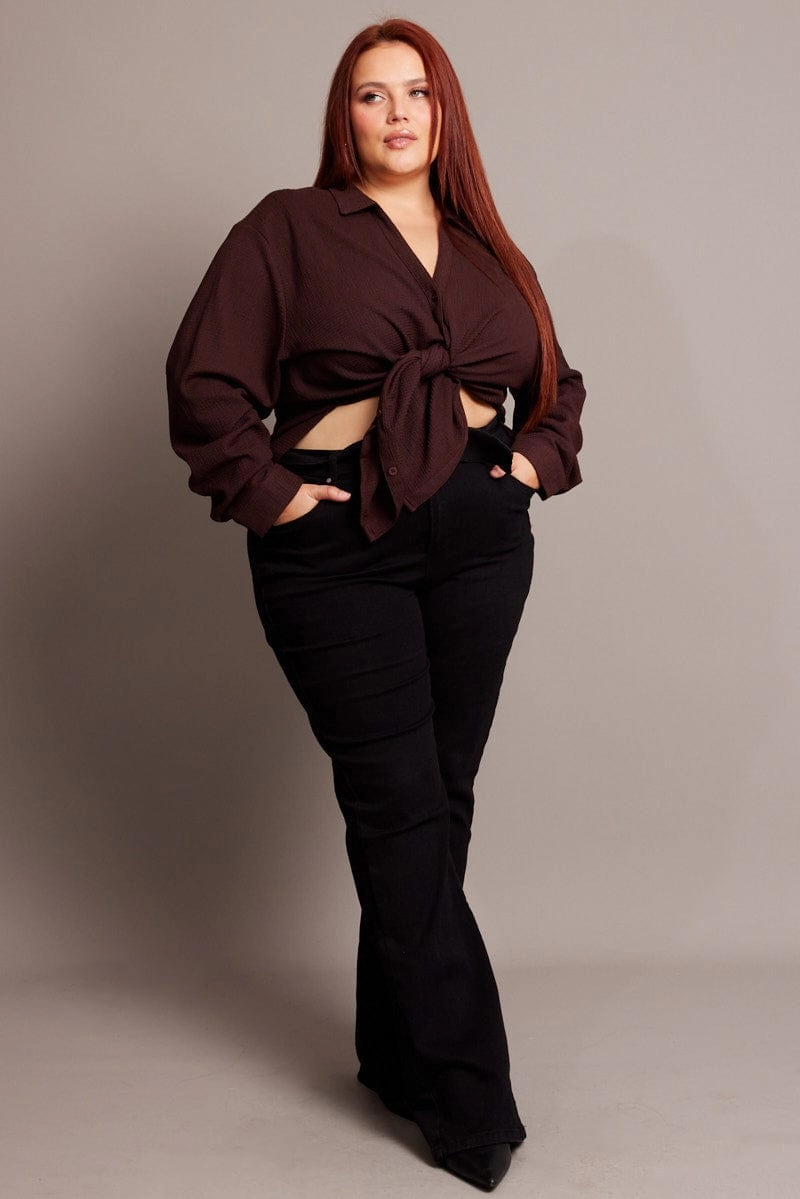 Country Escape Brown Textured Shirt Long Sleeve V-neck