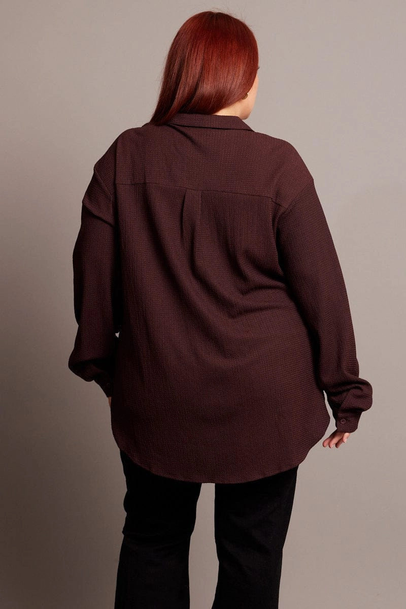Smooth Texture Brown Textured Shirt Long Sleeve V-neck