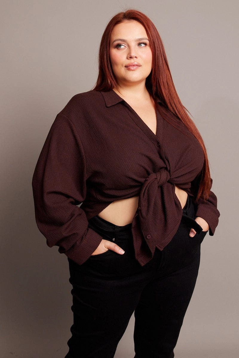 Subtle Print Brown Textured Shirt Long Sleeve V-neck