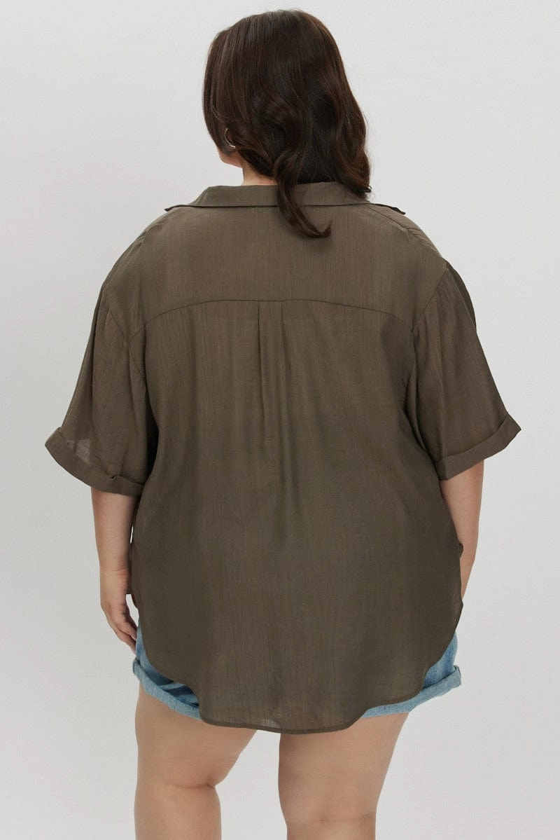 Reinforced Elbow Patches Brown Textured Shirt Short Sleeve