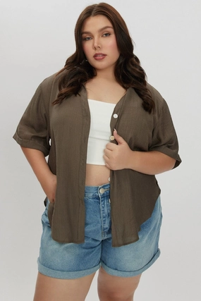 Brown Textured Shirt Short Sleeve High Density Weave Sporty Comfort