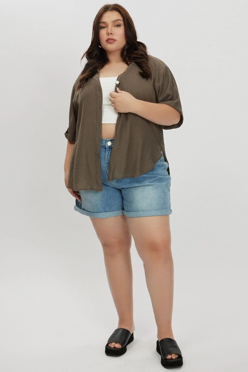 Vibrant Colors Brown Textured Shirt Short Sleeve
