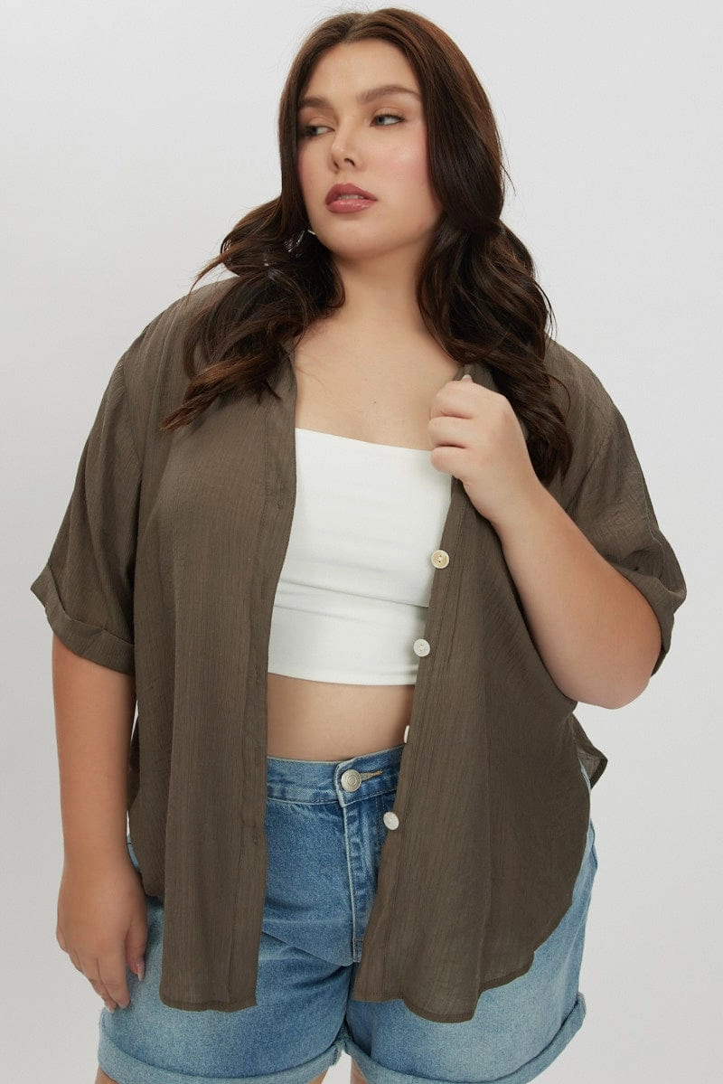 Shimmer Effect Brown Textured Shirt Short Sleeve