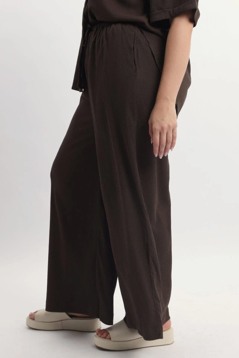 Fashionable Cut Brown Textured Wide Leg Pants