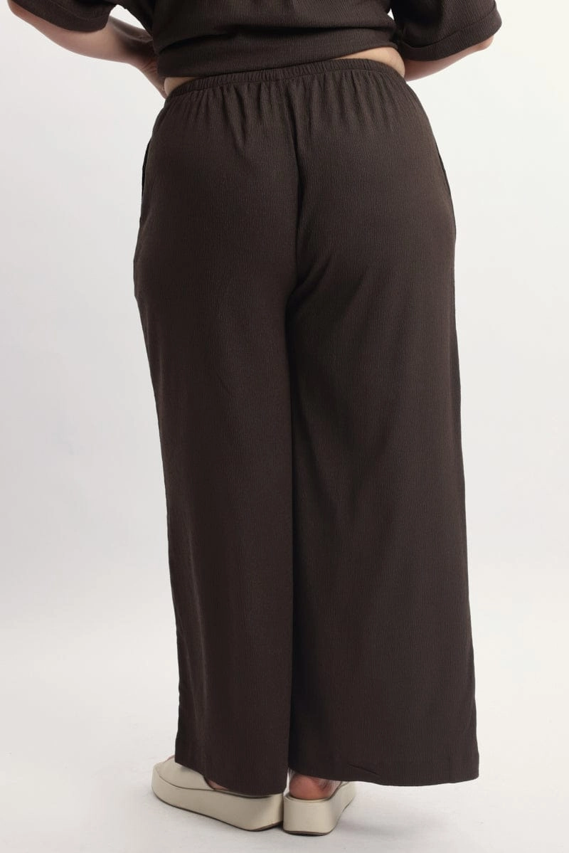 Brown Textured Wide Leg Pants CompressionFitFabric