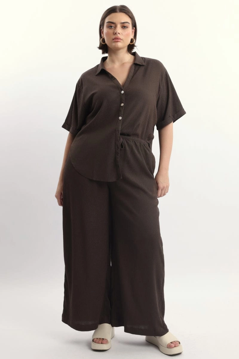 Brown Textured Wide Leg Pants Active Motion SmoothZipClosure