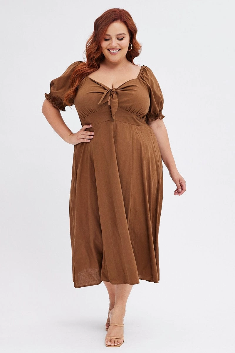 Flawless Waistband Brown Tie Front Button Midi Dress