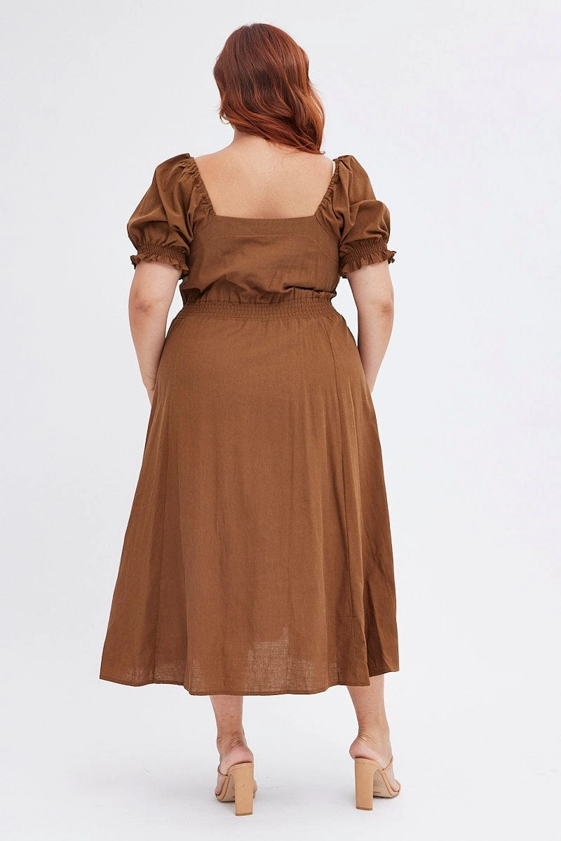 Brown Tie Front Button Midi Dress Sculpted Form