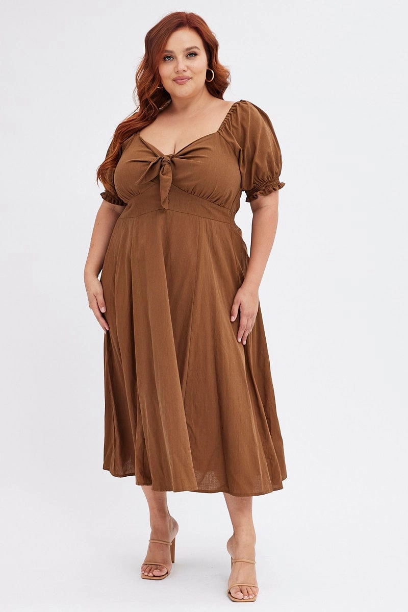 Brown Tie Front Button Midi Dress Soft Fit Wear