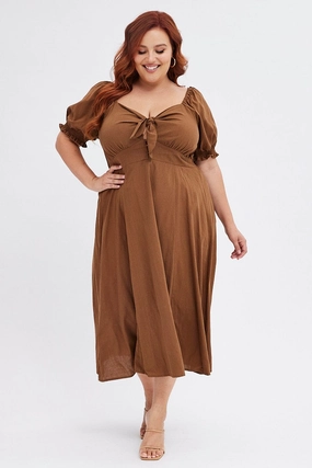 Flawless Waistband Brown Tie Front Button Midi Dress
