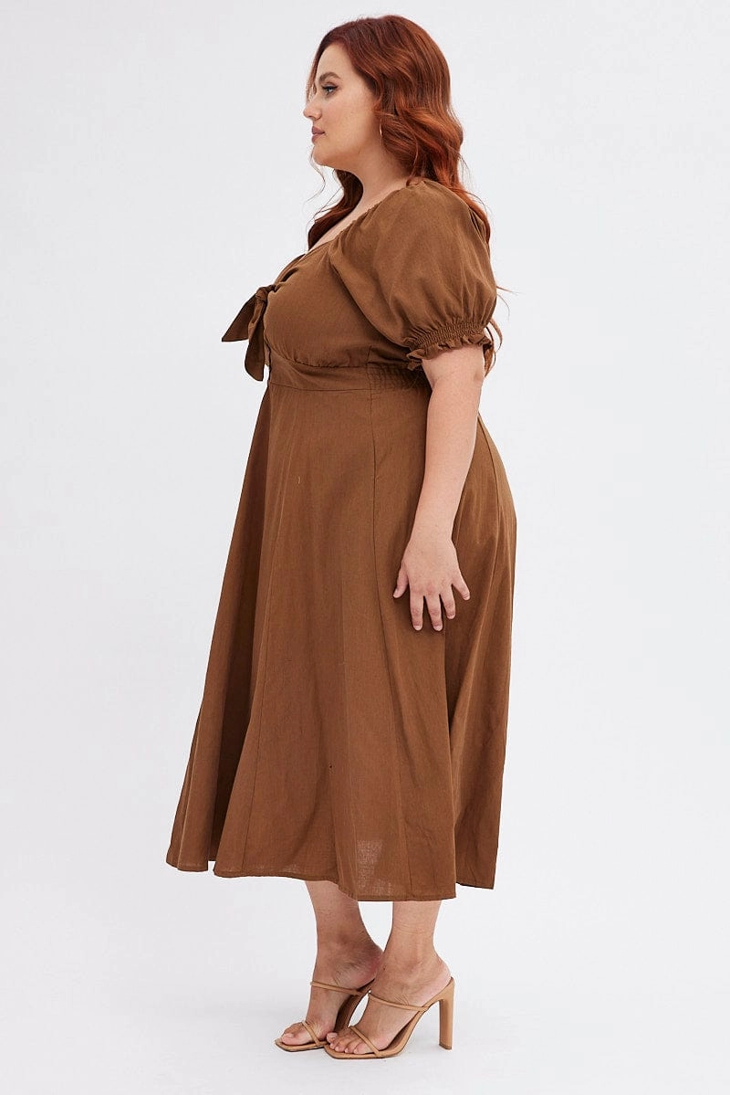 Brown Tie Front Button Midi Dress Luxe Appeal Walkable Flow